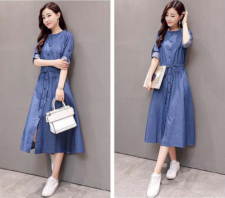 ĐẦM JEAN XÒE TAY DÀI CỔ BÈO TRÒN